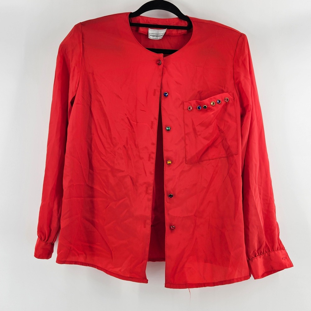 Vintage‎ Red Jeweled Made USA Long Sleeve Blouse Top Womens Large Retro Funky